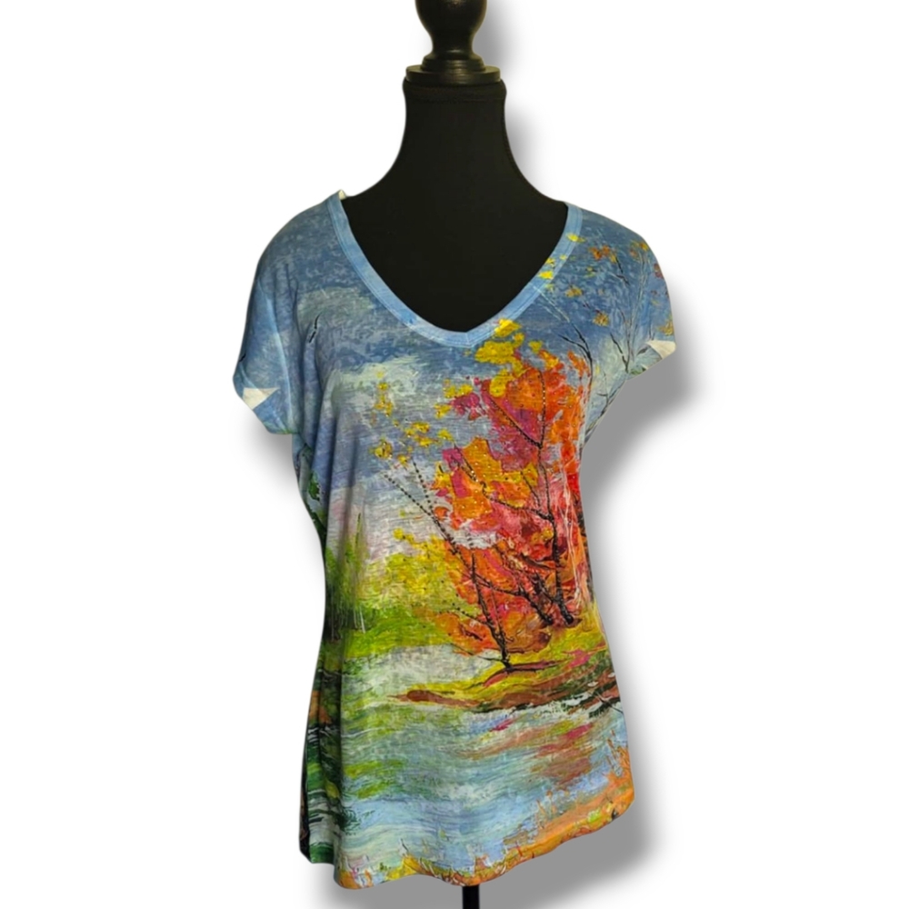 Clotheshead V-Neck Top, Vintage – Scenic Autumn Landscape Art Print, Rhinestones